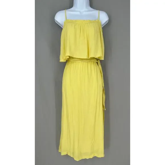 Victoria Sophia Dress Large Yellow Midi Pockets Belted Ruffle Cottage Boho Flowy - Picture 1 of 11